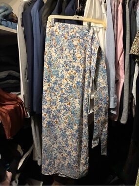 NWT Floral Wrap Maxi Skirt in Blue & Brown